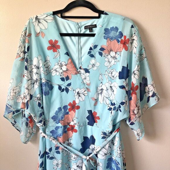 Lane Bryant Faux Wrap Dress 16 Floral Midi Sheer Ruffle Belted Feminine Girly - Picture 2 of 13
